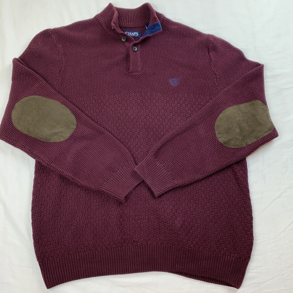 CHAPS Men's 100% Cotton Brown Pullover Sweater with Elbow Patches Size Large ~B2